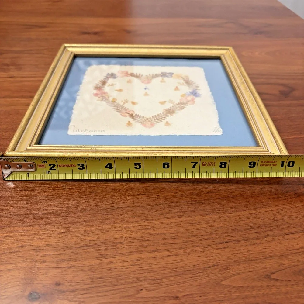 Vintage Pressed Wildflowers Heart Shaped Framed Art Pink Pastel Decor 1999 10x10